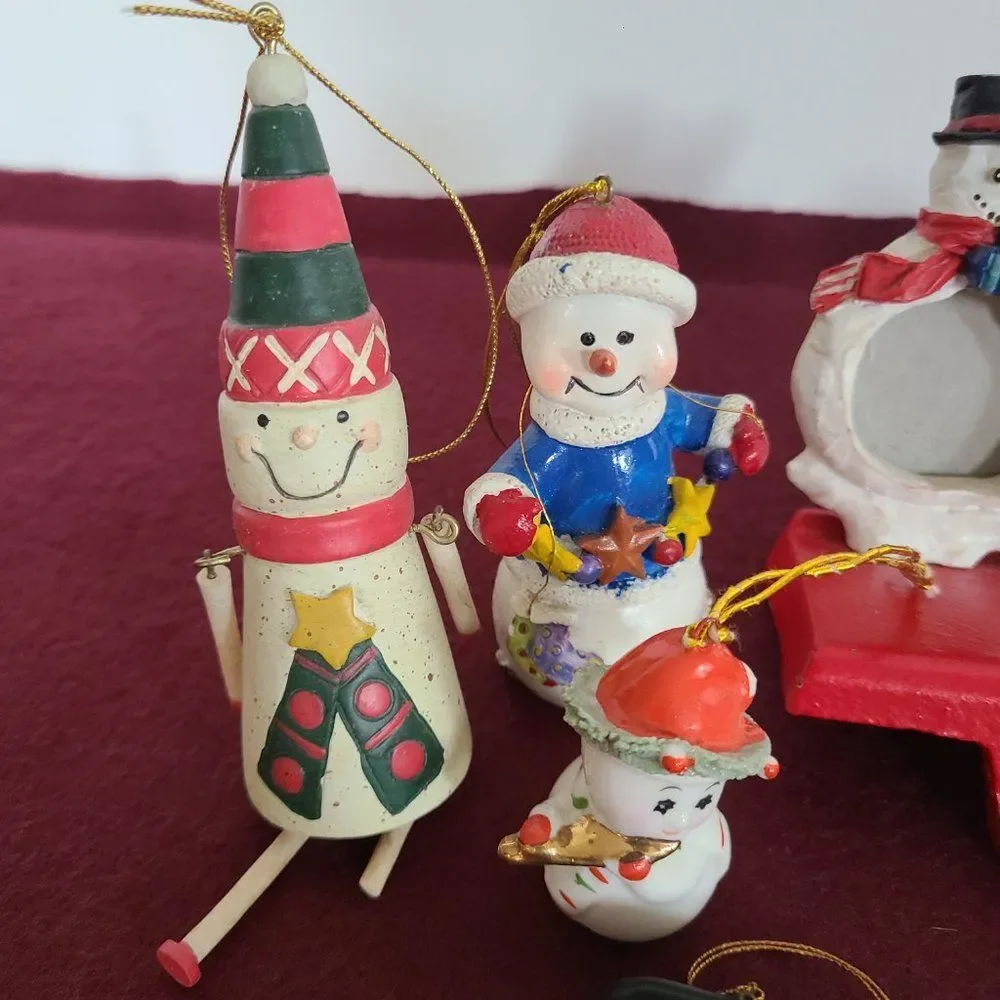 Vintage Winter Snowman Christmas Ornaments and Stocking Hanger Bundle of 8